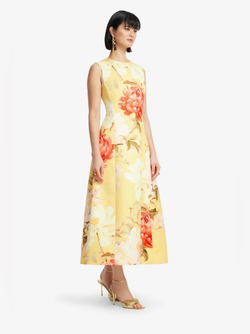 LEO LIN Cleo Yellow Orange Floral Print Sleeveless A-Line Midi Dress AU8/US4 - Picture 5 of 6